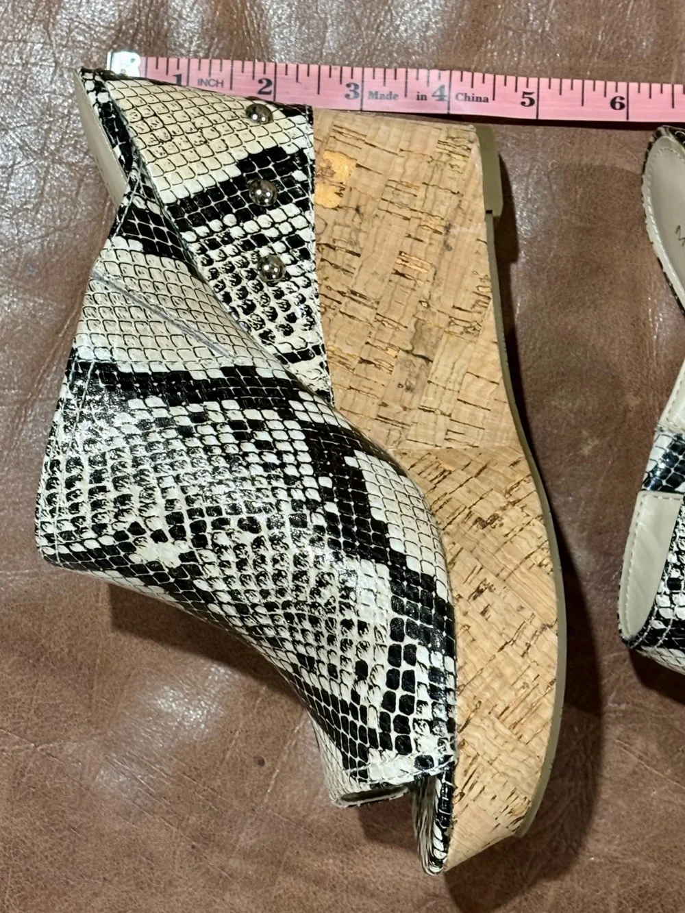 Marc Fisher Black and White Snake-Print Cork Wedge Mules